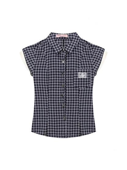 Heart Button Gingham Check French Sleeve Blouse【s0000013091】