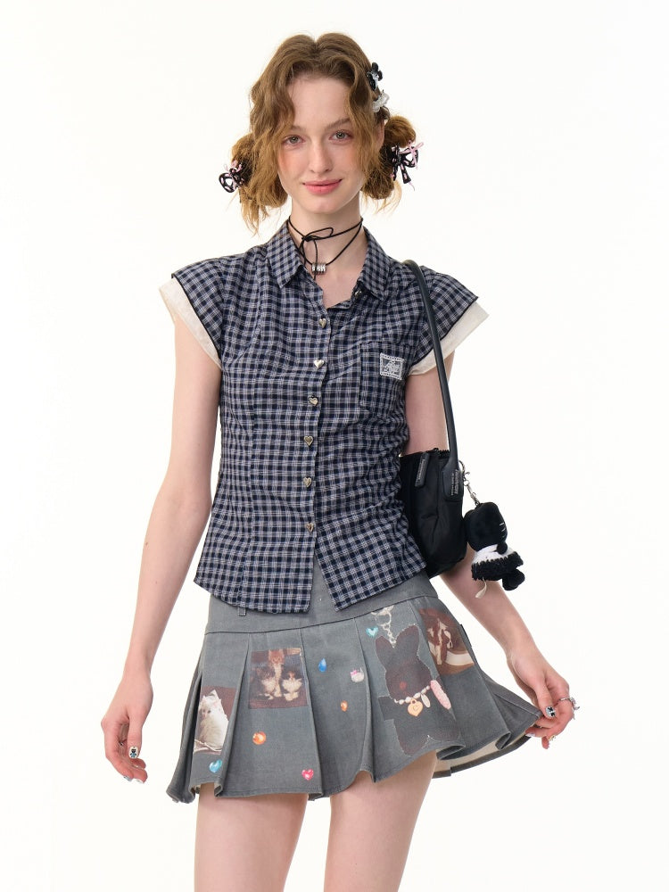 Heart Button Gingham Check French Sleeve Blouse【s0000013091】