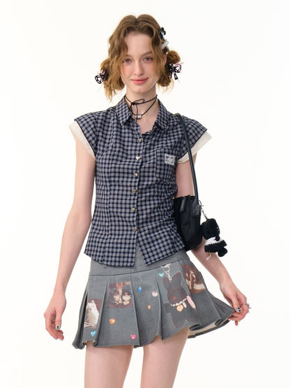 Heart Button Gingham Check French Sleeve Blouse【s0000013091】