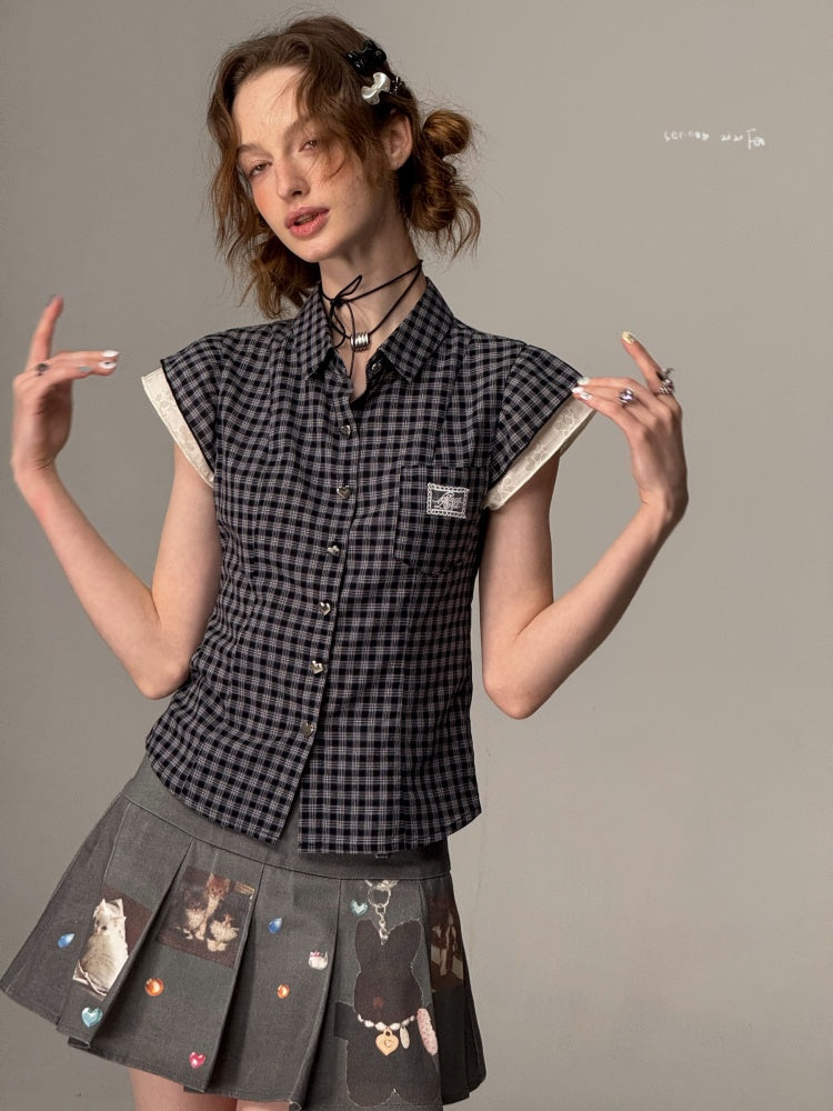 Heart Button Gingham Check French Sleeve Blouse【s0000013091】