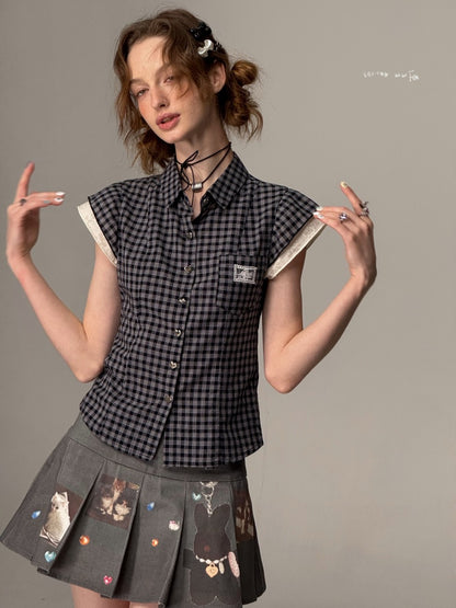 Heart Button Gingham Check French Sleeve Blouse【s0000013091】