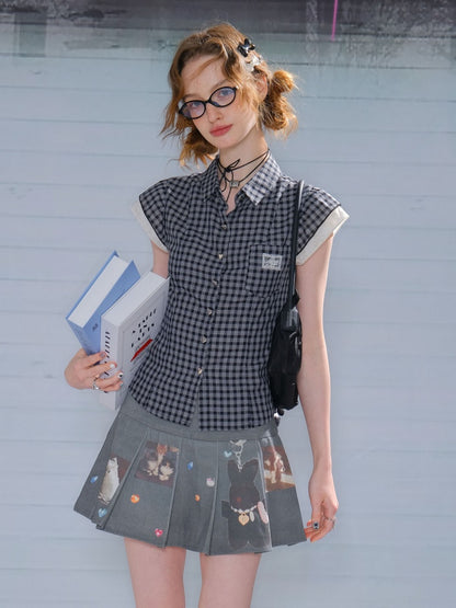 Heart Button Gingham Check French Sleeve Blouse【s0000013091】