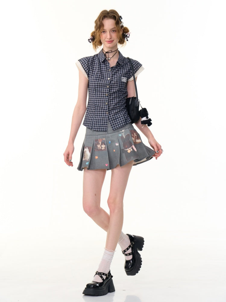 Heart Button Gingham Check French Sleeve Blouse【s0000013091】