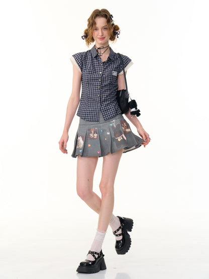 Heart Button Gingham Check French Sleeve Blouse【s0000013091】