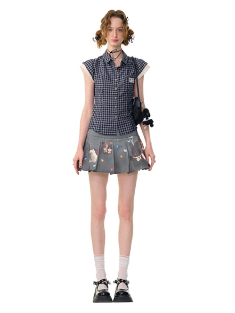 Heart Button Gingham Check French Sleeve Blouse【s0000013091】