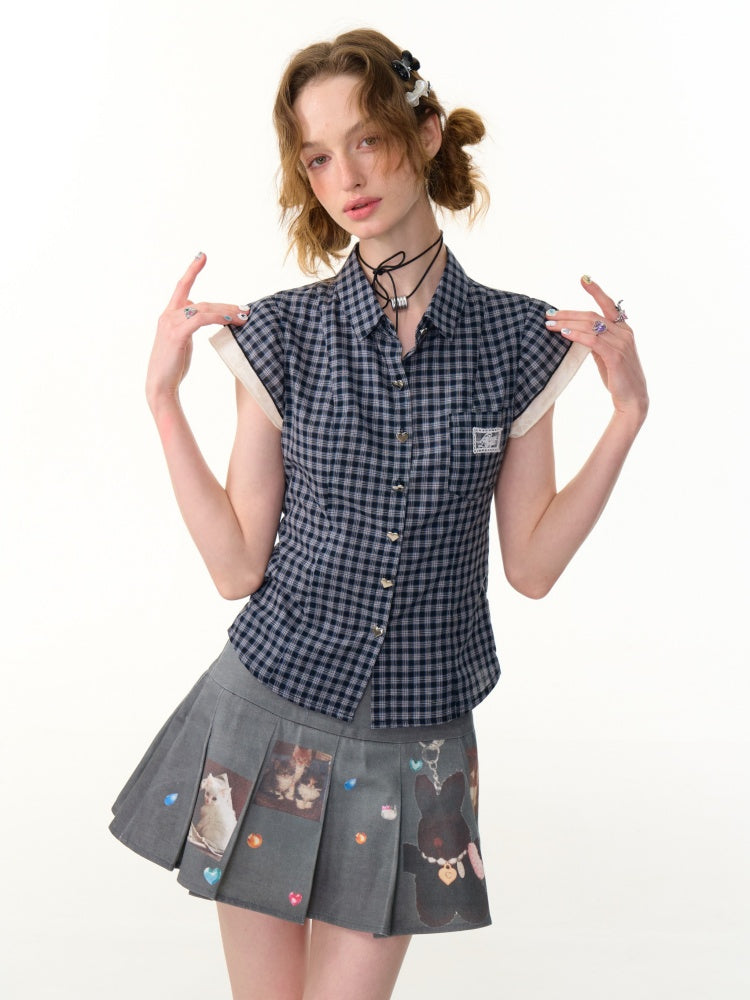 Heart Button Gingham Check French Sleeve Blouse【s0000013091】