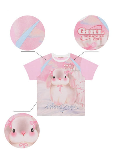 Rabbit Print Round Neck Raglan Sleeve T-Shirt【s0000013092】