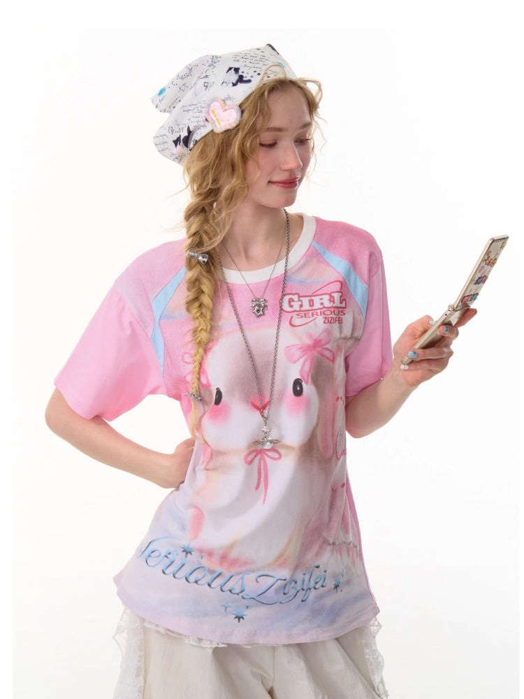 Rabbit Print Round Neck Raglan Sleeve T-Shirt【s0000013092】