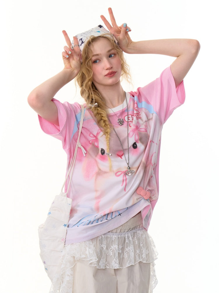 Rabbit Print Round Neck Raglan Sleeve T-Shirt【s0000013092】