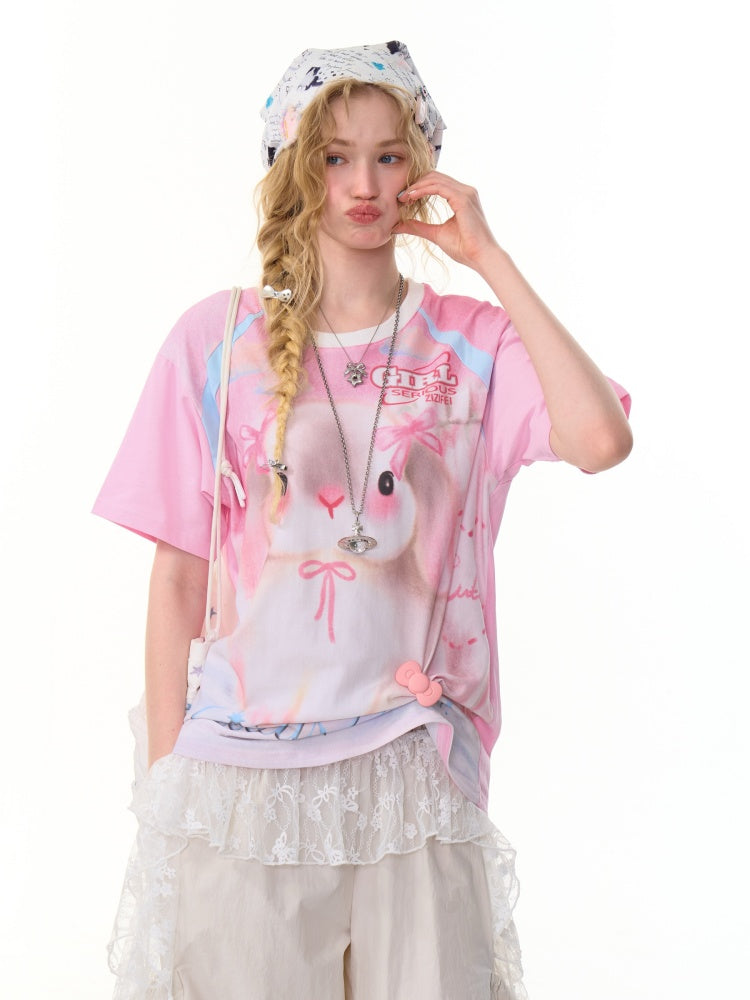 Rabbit Print Round Neck Raglan Sleeve T-Shirt【s0000013092】