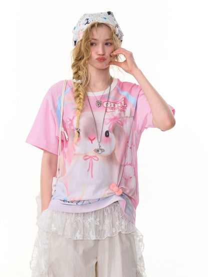 Rabbit Print Round Neck Raglan Sleeve T-Shirt【s0000013092】
