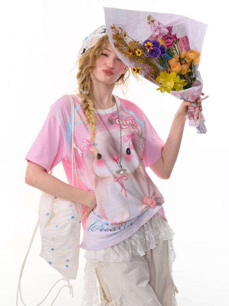 Rabbit Print Round Neck Raglan Sleeve T-Shirt【s0000013092】