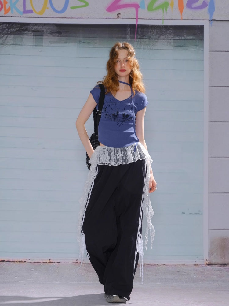 Side Lace-Up Lines Heart Cord Drawstring Hem wide Sweat Pants【s0000013093】