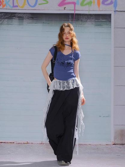 Side Lace-Up Lines Heart Cord Drawstring Hem wide Sweat Pants【s0000013093】
