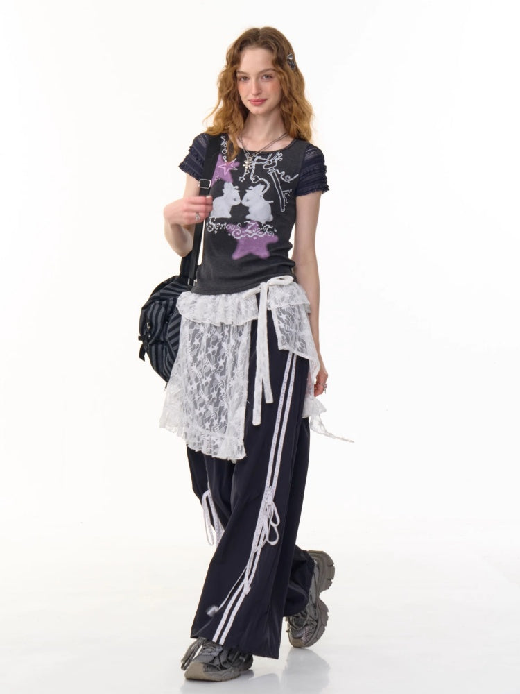Side Lace-Up Lines Heart Cord Drawstring Hem wide Sweat Pants【s0000013093】