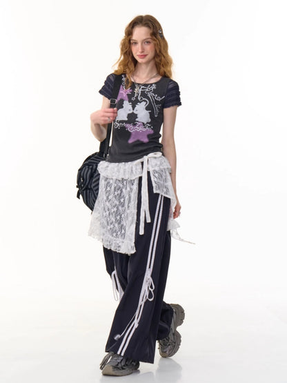 Side Lace-Up Lines Heart Cord Drawstring Hem wide Sweat Pants【s0000013093】