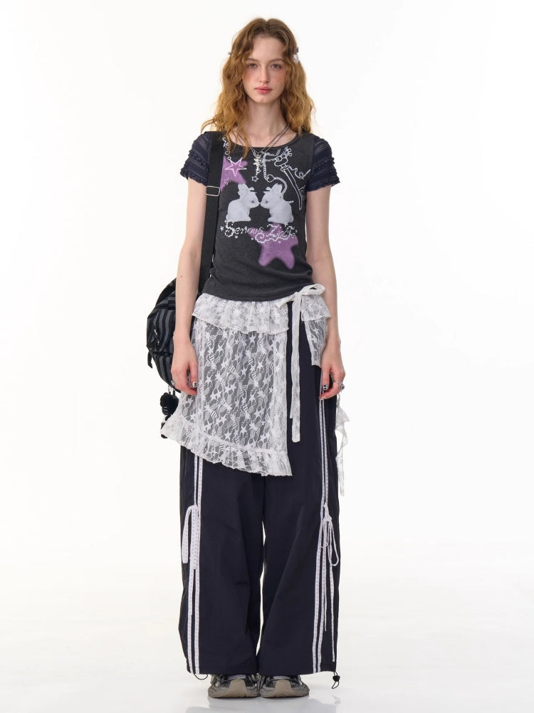 Side Lace-Up Lines Heart Cord Drawstring Hem wide Sweat Pants【s0000013093】