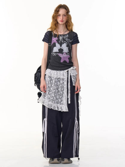 Side Lace-Up Lines Heart Cord Drawstring Hem wide Sweat Pants【s0000013093】