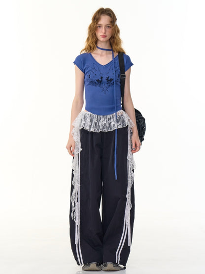 Side Lace-Up Lines Heart Cord Drawstring Hem wide Sweat Pants【s0000013093】