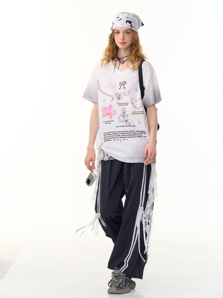 Side Lace-Up Lines Heart Cord Drawstring Hem wide Sweat Pants【s0000013093】