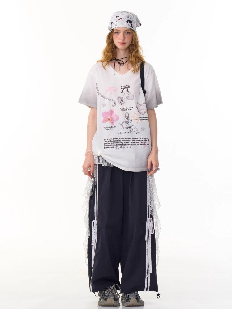 Side Lace-Up Lines Heart Cord Drawstring Hem wide Sweat Pants【s0000013093】