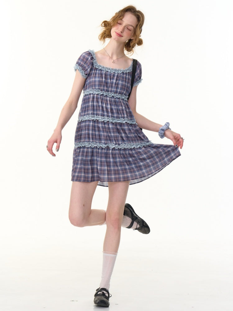 Check Puff Sleeve Square Neck Ruffle Cake Dress【s0000013094】