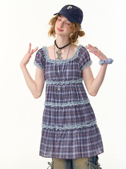 Check Puff Sleeve Square Neck Ruffle Cake Dress【s0000013094】