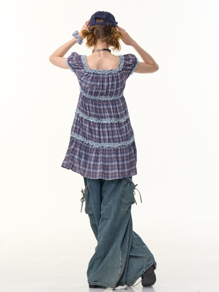 Check Puff Sleeve Square Neck Ruffle Cake Dress【s0000013094】