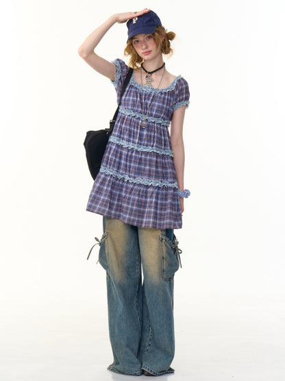 Check Puff Sleeve Square Neck Ruffle Cake Dress【s0000013094】