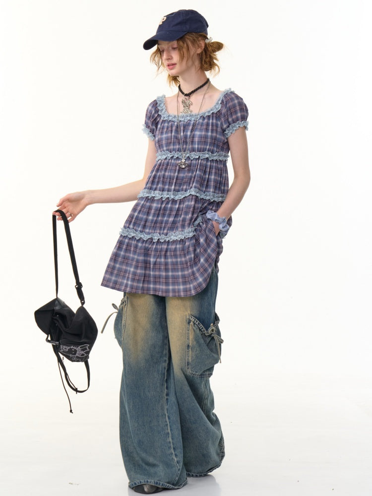 Check Puff Sleeve Square Neck Ruffle Cake Dress【s0000013094】
