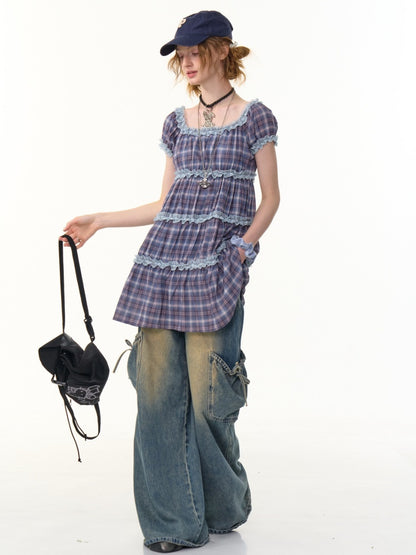 Check Puff Sleeve Square Neck Ruffle Cake Dress【s0000013094】