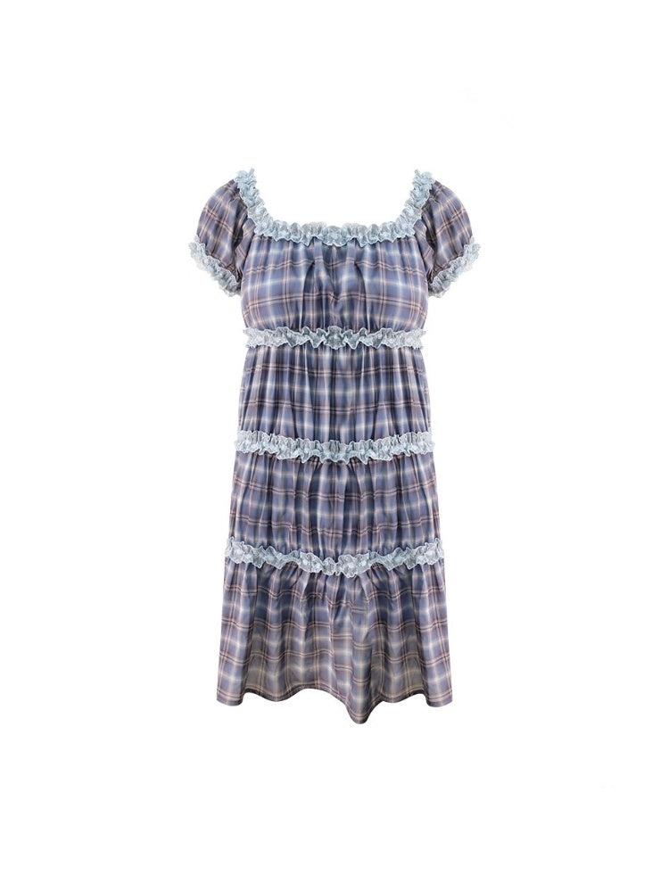 Check Puff Sleeve Square Neck Ruffle Cake Dress【s0000013094】
