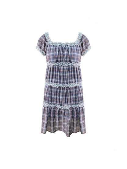 Check Puff Sleeve Square Neck Ruffle Cake Dress【s0000013094】