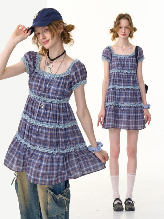 Check Puff Sleeve Square Neck Ruffle Cake Dress【s0000013094】
