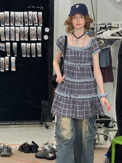 Check Puff Sleeve Square Neck Ruffle Cake Dress【s0000013094】