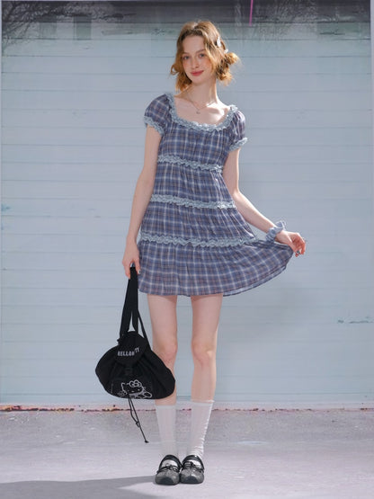 Check Puff Sleeve Square Neck Ruffle Cake Dress【s0000013094】