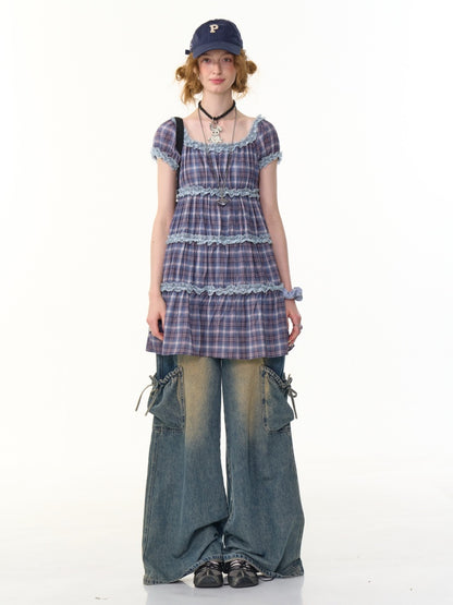 Check Puff Sleeve Square Neck Ruffle Cake Dress【s0000013094】