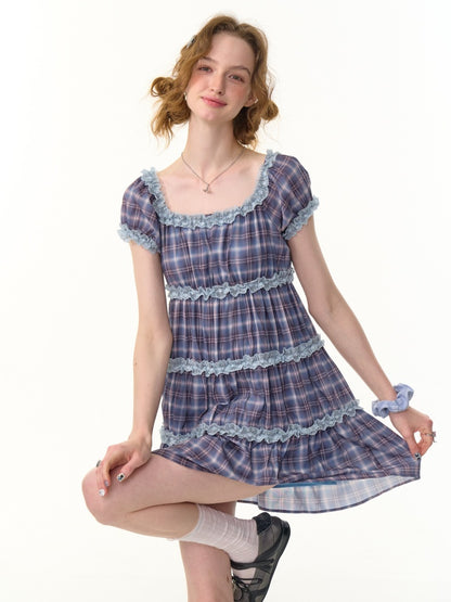 Check Puff Sleeve Square Neck Ruffle Cake Dress【s0000013094】
