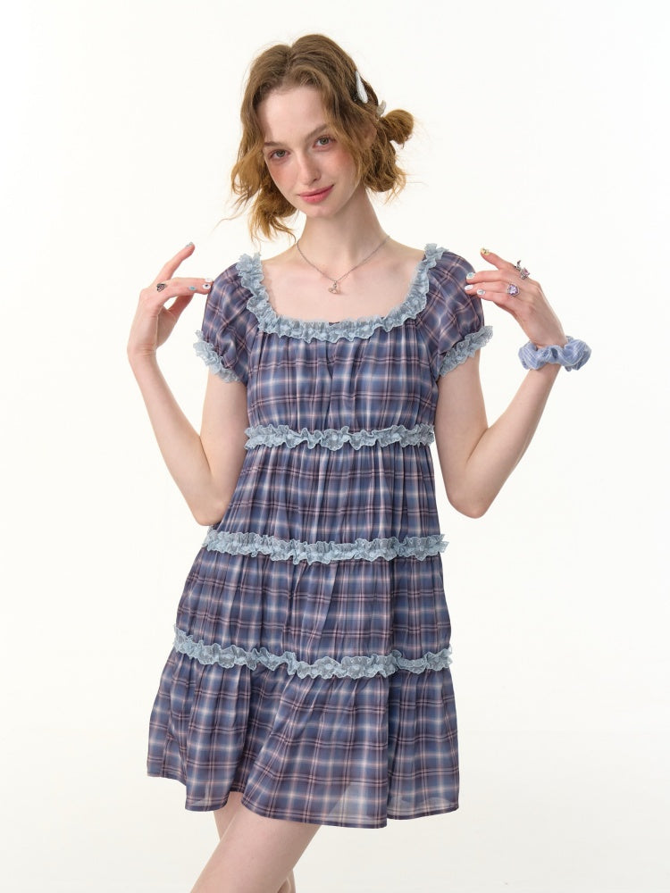 Check Puff Sleeve Square Neck Ruffle Cake Dress【s0000013094】