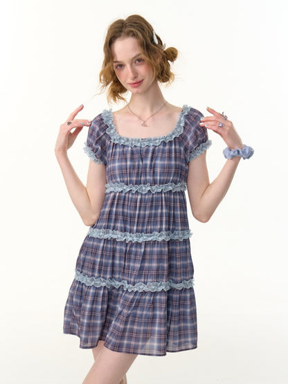 Check Puff Sleeve Square Neck Ruffle Cake Dress【s0000013094】