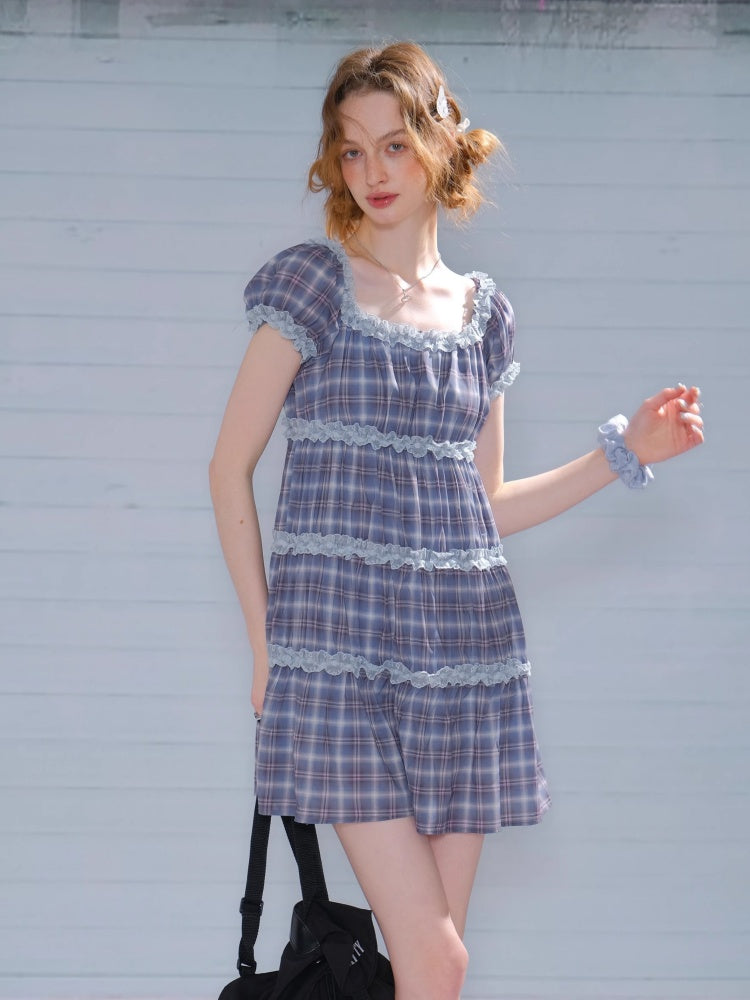 Check Puff Sleeve Square Neck Ruffle Cake Dress【s0000013094】