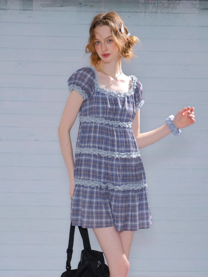 Check Puff Sleeve Square Neck Ruffle Cake Dress【s0000013094】
