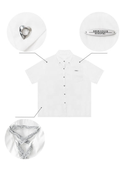 Back Lace Up Heart Button Short Sleeve Shirt【s0000013095】
