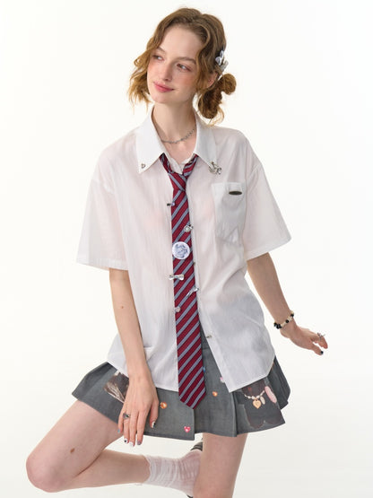 Back Lace Up Heart Button Short Sleeve Shirt【s0000013095】