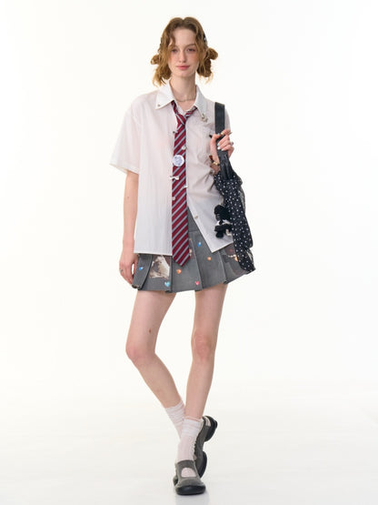 Back Lace Up Heart Button Short Sleeve Shirt【s0000013095】