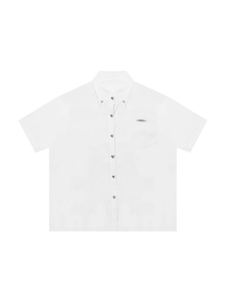 Back Lace Up Heart Button Short Sleeve Shirt【s0000013095】