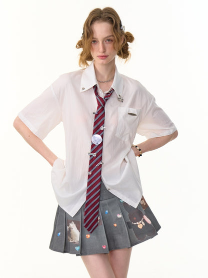 Back Lace Up Heart Button Short Sleeve Shirt【s0000013095】