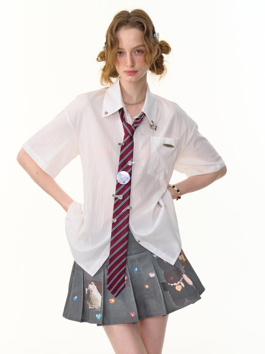 Back Lace Up Heart Button Short Sleeve Shirt【s0000013095】