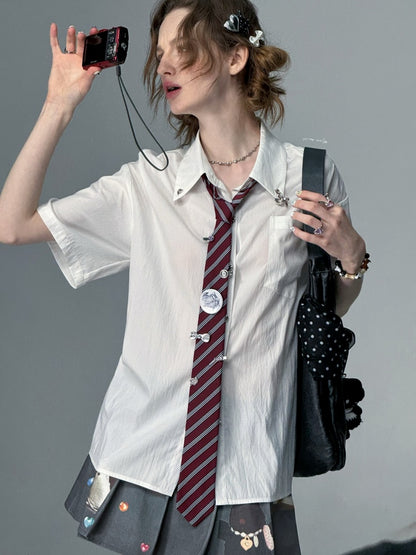 Back Lace Up Heart Button Short Sleeve Shirt【s0000013095】
