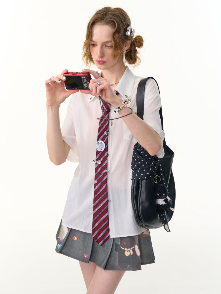 Back Lace Up Heart Button Short Sleeve Shirt【s0000013095】
